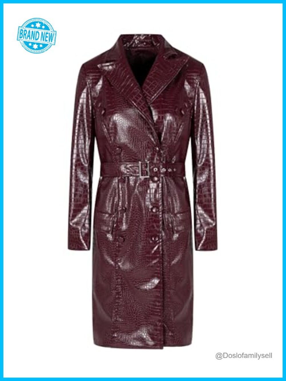 Faux Leather Long Trench Coat with Belt Notch Lapel Button Front Knee Length